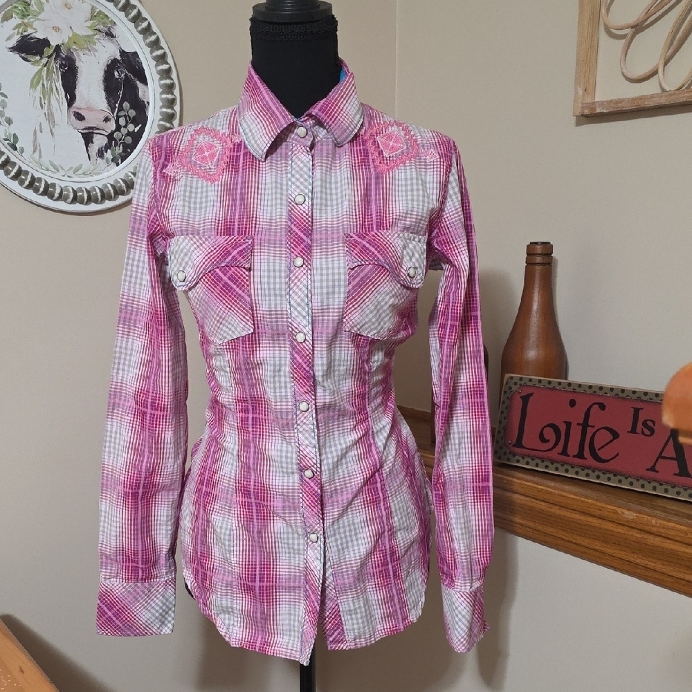 Rock & Roll Cowgirl Pink Plaid Button Down Shirt